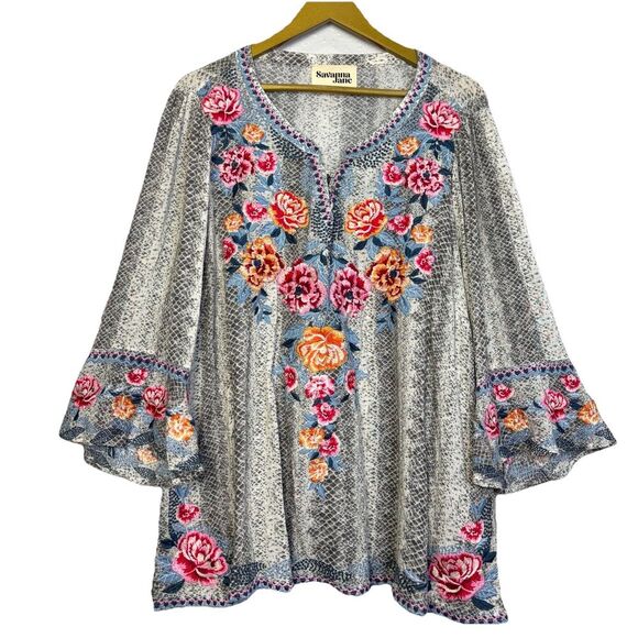 Savanna Jane Floral Embroidered Tunic Top 2X Boho Artsy Festival Flared Sleeves - Picture 1 of 11